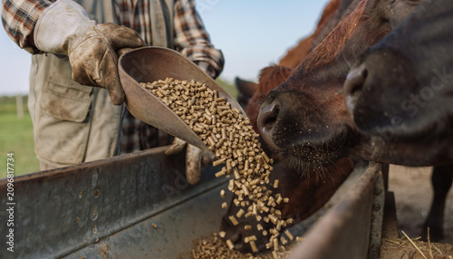 Farmer Feeding Horses with Grain Pellets in Stable Trough Close Up