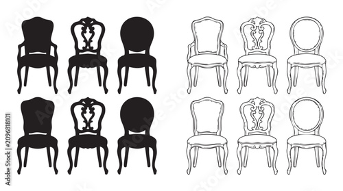 Bild auf Leinwand chairs black silhouette with line art vector illustration featuring chair, white