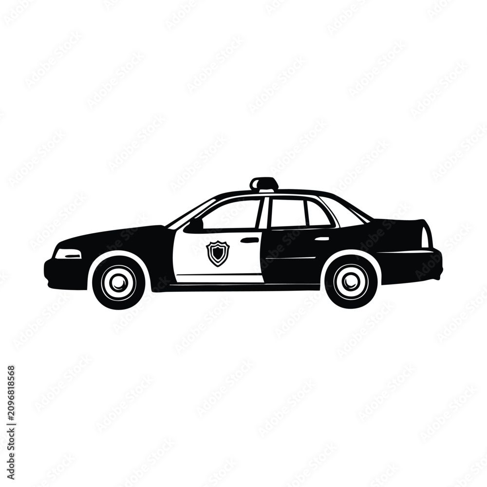 Fototapeta premium Side view illustration of a classic police patrol car with a light bar and shield emblem, depicted in a black and white graphic style.