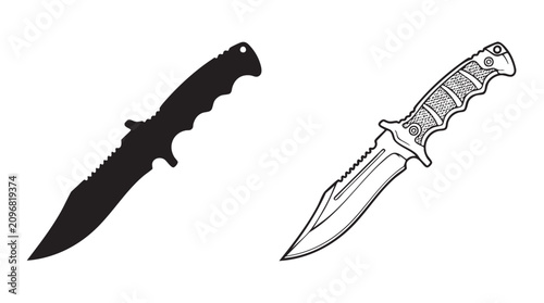 Bild auf Leinwand combat knife black silhouette with line art vector illustration