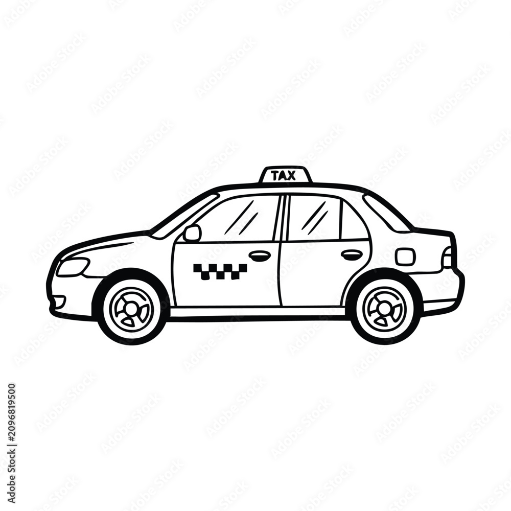 Fototapeta premium Black and white outline drawing of a classic taxi cab with a roof sign and checkerboard pattern on the side.