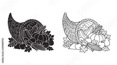 Foto cornucopia black silhouette with line art vector overflowing with harvest fruits
