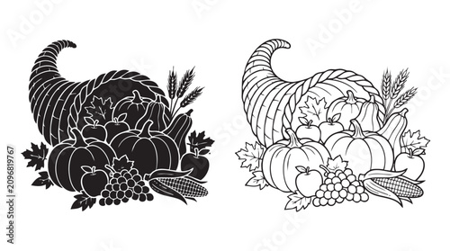 Quadro em tela cornucopia overflowing with harvest black silhouette line art vector black silho