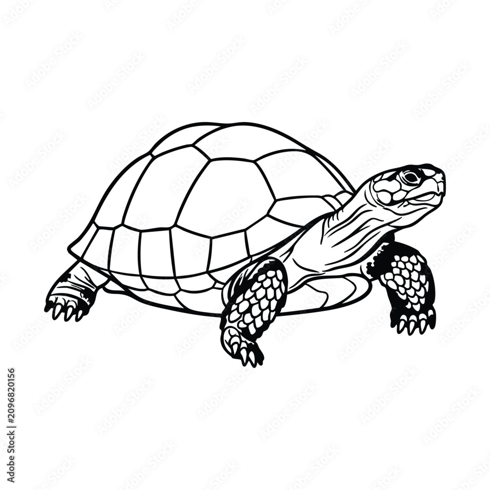 Fototapeta premium Black and white line art illustration of a tortoise with a detailed shell and textured skin, depicted in profile view.