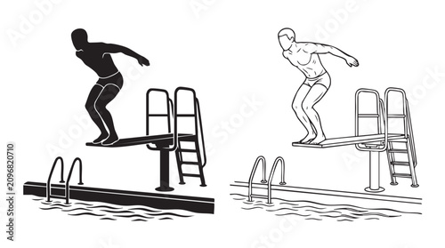 Фотография diver on springboard about to jump black silhouette with line art vector