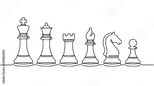 Bild auf Leinwand Continuous Line Drawing of Chess Pieces - King, Queen, Rook, Bishop, Knight, Paw