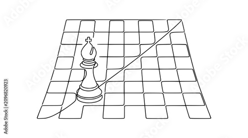 Billede på lærred Single line drawing of a bishop on a chessboard with a rising line graph
