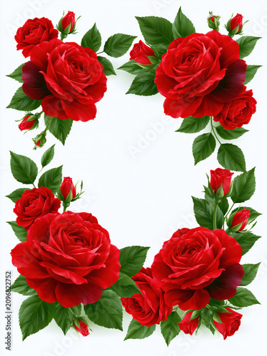 Red rose floral frame watercolor flower border red rose blossom green leaf floral wreath botanical frame isolated white background romantic decoration garden plant bouquet arrangement