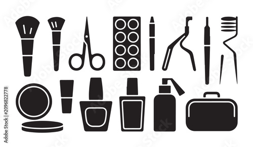 Professional makeup artist equipment set including brushes and scissors for cosmetic care.