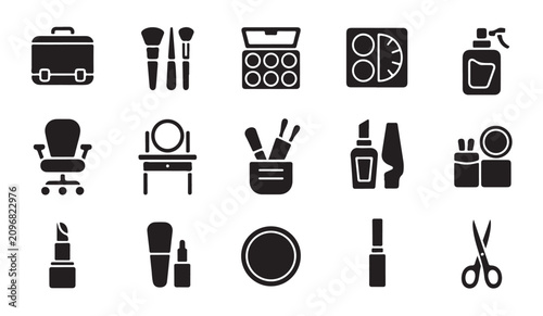 Beauty salon tools and makeup accessories icon set. cosmetic products and hairdressing equipment.