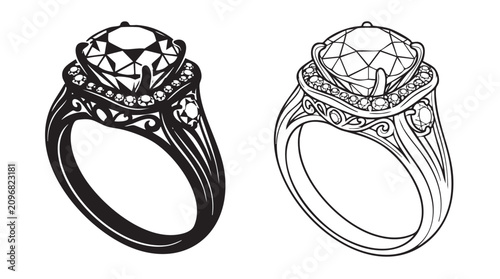 Valokuva black silhouette with line art vector of a diamond ring sparkling with intricate