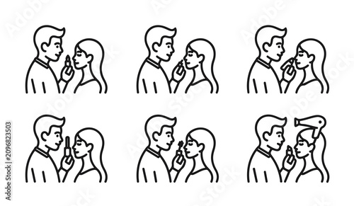 Foto Professional makeup artist applying cosmetics to woman face in beauty salon scene icons set