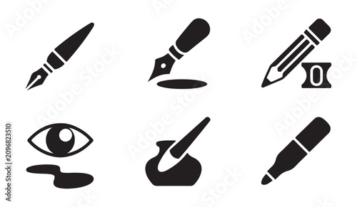 Drawing and writing instrument icons set featuring fountain pen pencil and ink well symbols.