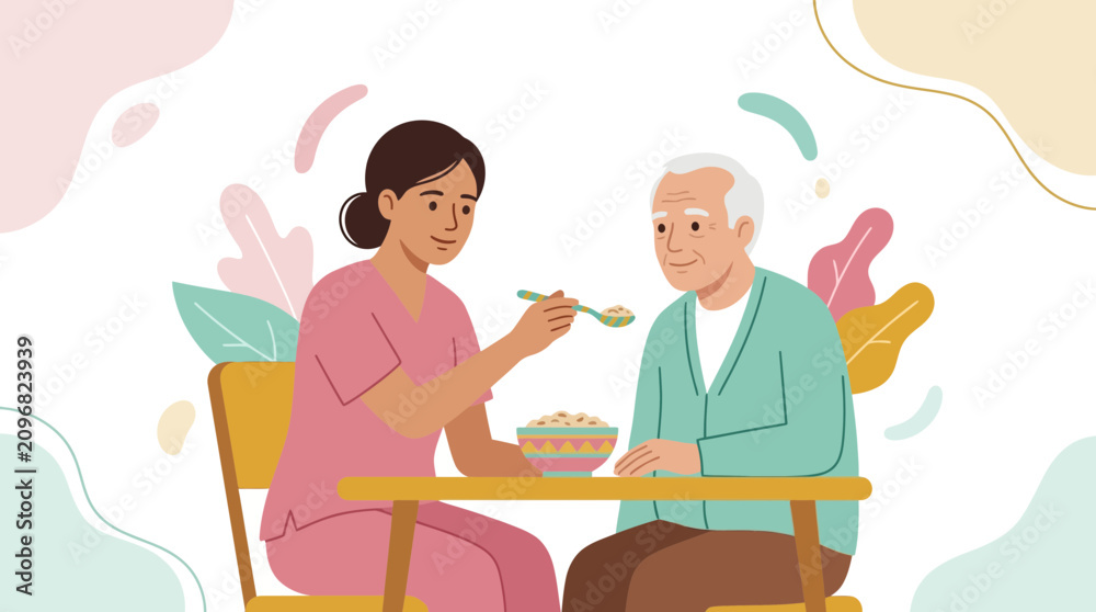 Fototapeta premium Caring nurse feeding elderly man at table, vector illustration, healthcare, assistance, and kindness