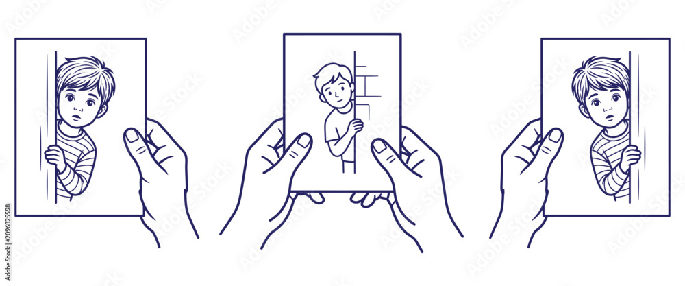 Fototapeta premium Illustration showing little boy in striped shirt peeking from behind a door, looking with wide eyes, black and white outline drawing.