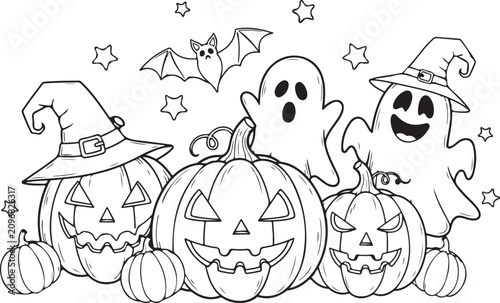 happy halloween concept, black and white line art for kids drawing and coloring book , sketch of pumpkins to fill with colors,, kids love colouring books