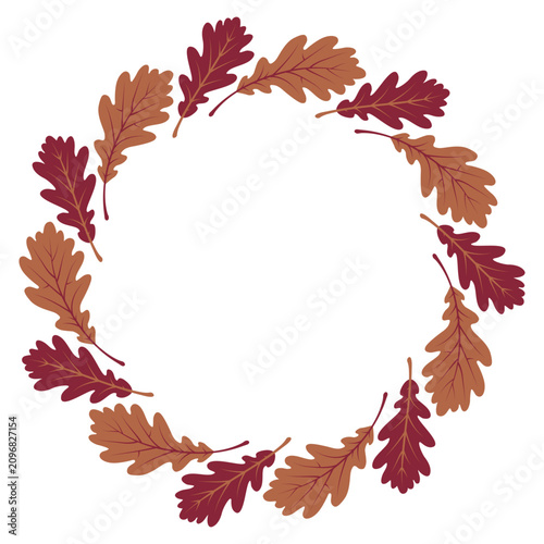 Autumn oak leaves circle frame with copy space. Hand drawn vector illustration