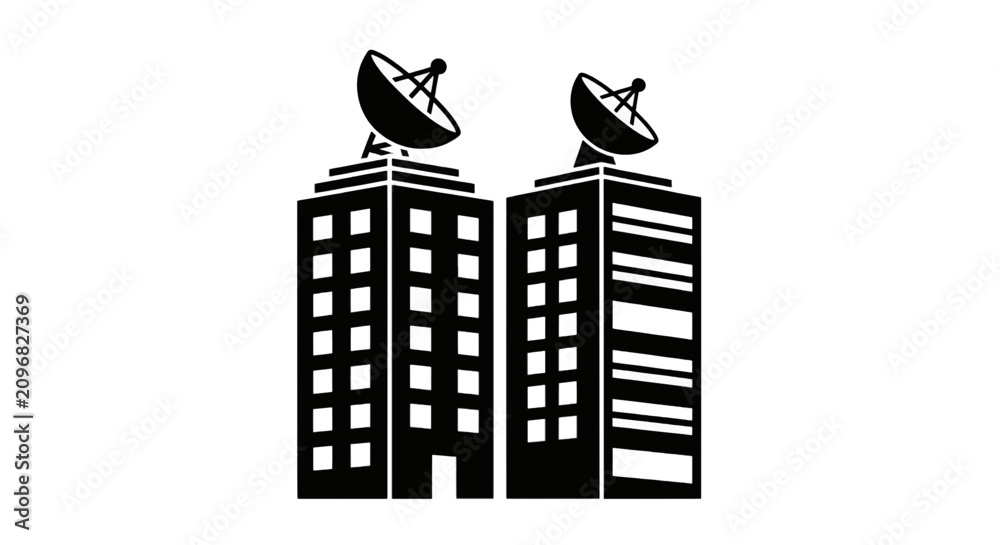 Obraz premium Vector illustration of two office buildings with satellite dishes on the roof, vector icon on a transparent background