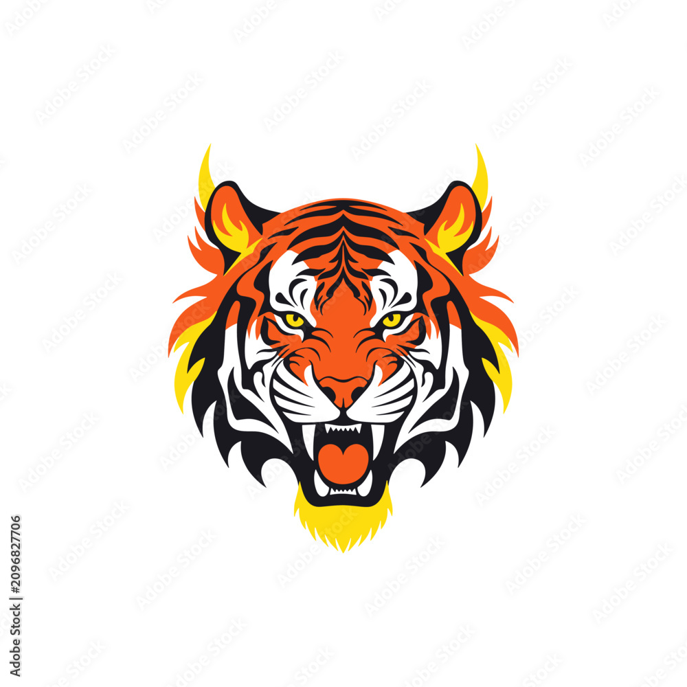 Fototapeta premium Fierce tiger head mascot with orange flames and bared teeth