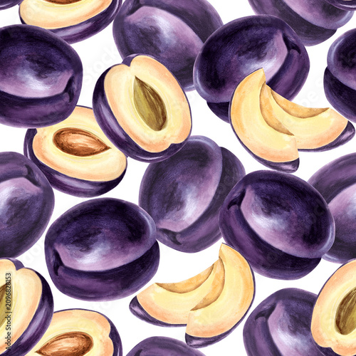 Blue plums and cut half and slices watercolor seamless pattern. Fruits background hand drawn illustration for healthy eating design. Organic food for packaging jam, skincare, home textile, tablecloth.