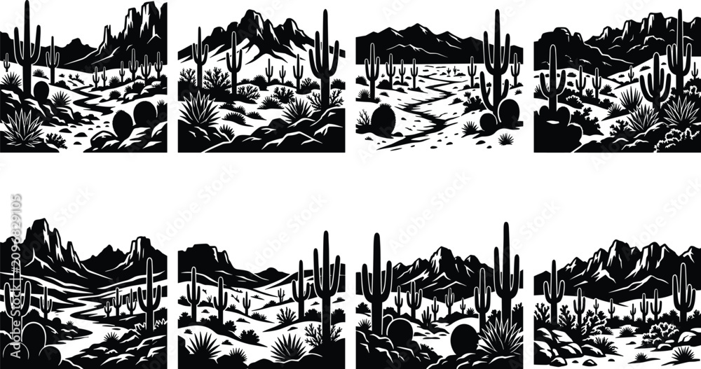 Obraz premium Desert Landscape Silhouette Collection Featuring Cactus, Mountain Ranges and Arid Scenic Views on White Background