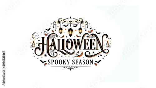 Quadro su tela Halloween Spooky Season Typography: A beautifully crafted typography design announces Halloween and Spooky Season, adorned with festive elements like bats, lanterns, and crescent moon