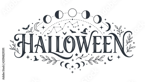 Quadro su tela Mystical Halloween Typography: A decorative typographic design for Halloween, featuring celestial elements like moon phases and constellations