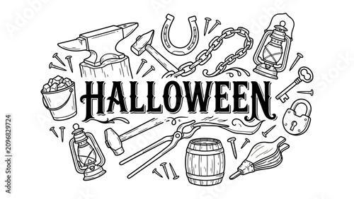 Photography Halloween Illustration: A charming black and white illustration featuring the word Halloween surrounded by various spooky and rustic elements, including an anvil, hammer, horseshoe, lantern, keys