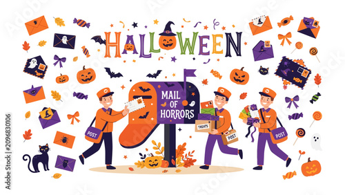 Obraz na płótnie Halloween Mail Delivery: Whimsical mail carriers deliver spooky letters and packages to a festive, haunted mailbox adorned with pumpkins and bats