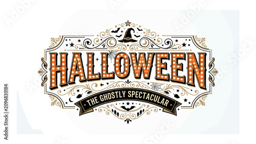 Quadro su tela Vintage Halloween Sign: An ornate, vintage-style sign advertising Halloween - The Ghostly Spectacular features marquee lights, spooky iconography like bats and witch hats, and decorative flourishes