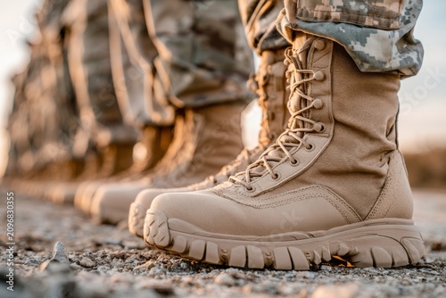 Military Readiness Scene Focusing on Rows of Combat Boots in Sunlit Outdoor Environment