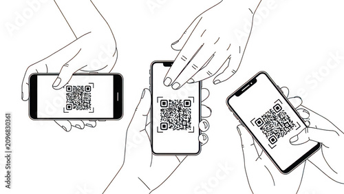 Hands scanning qr codes on smartphones isolated on transparent background