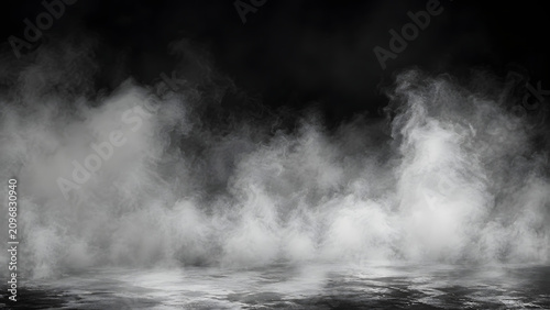 Thick fog on wet floor, misty, damp, mysterious, moody, indoor atmosphere, dark.

