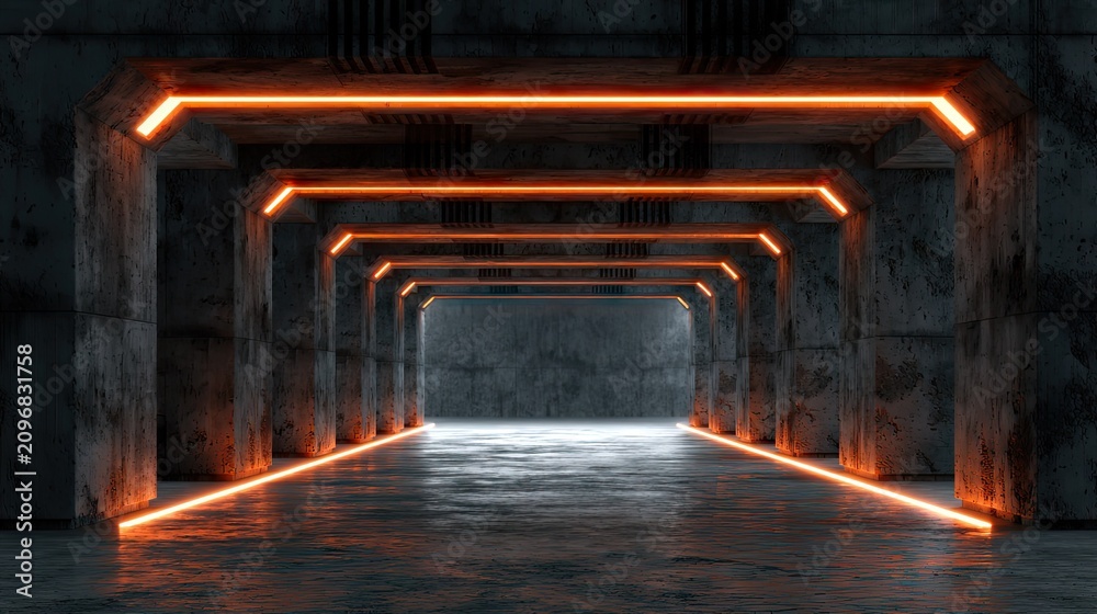 Obraz premium Industrial concrete tunnel with orange linear neon lights.