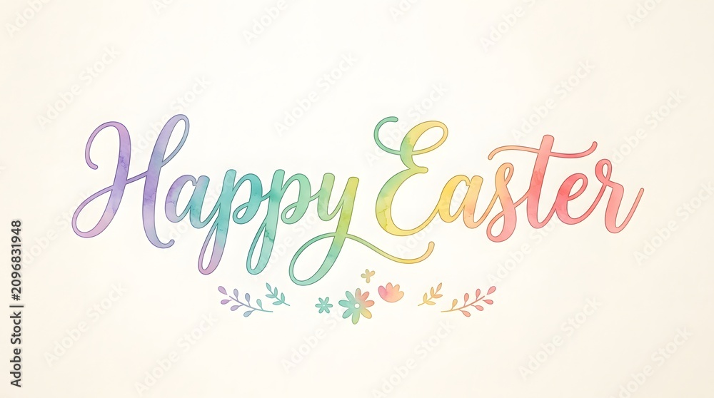 Fototapeta premium A colorful Easter celebration scene with Happy Easter text and floral decorations on a light background