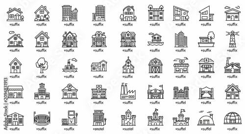 Monochrome line art icons representing various residential and commercial buildings in urban settings