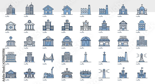 Monochrome line art icon set of government and public buildings with landmarks