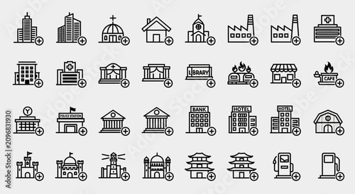Monochrome line icons of various buildings and facilities on a clean background