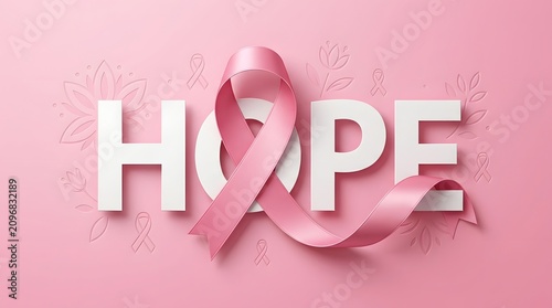 A symbolic pink ribbon forms the heart of the word HOPE on a soft pink background with subtle leaf patterns, representing support and awareness.