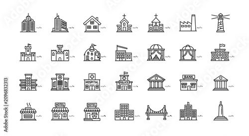 Set of 24 iconic building and structure line art symbols on white background