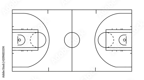 A detailed illustration of a basketball court with marked boundaries and goals from a top view
