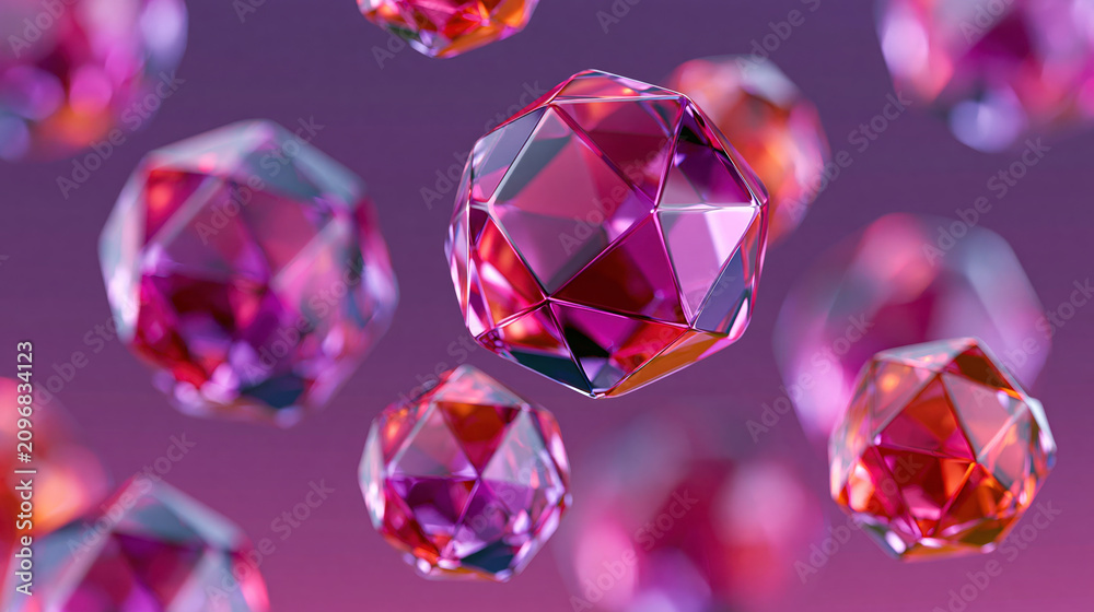 Fototapeta premium Abstract crystal sphere pink glass floating object purple background copy space 3d render faceted surface glossy material geometric shape digital art