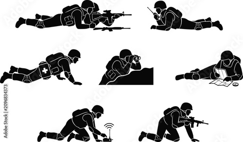 Set of black silhouettes showing military soldiers performing various tactical tasks and combat field operations