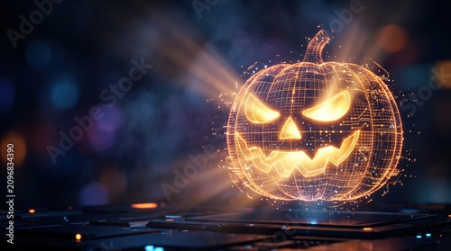Futuristic glowing digital jack-o-lantern with circuit board patterns and beams of light