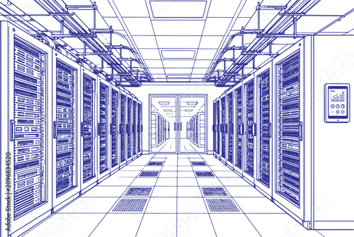 Data Center Line Art Illustration with Server Racks and Network Infrastructure