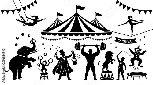 Canvas Print Vintage Carnival Circus Performance Silhouette Collection with Tent and Artists