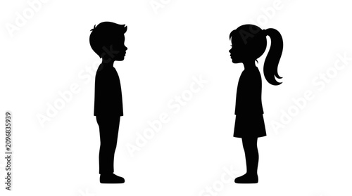 Quadro su tela Black Silhouette Profile of Little Boy and Girl Standing Face to Face