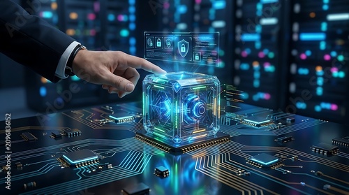 Cybersecurity executive interacts with holographic data cube displaying security icons