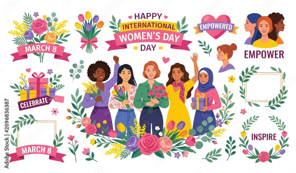 Fototapeta premium Women's Day Diverse Female Characters with Floral Elements Vector Set