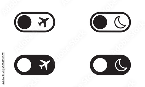 Set of four simple toggle switches featuring airplane icon for flight mode and crescent moon icon for night mode settings.